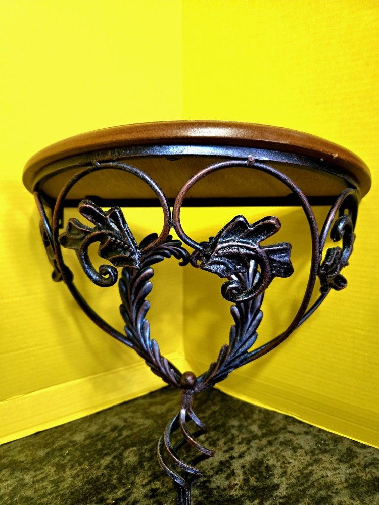 Vintage Decorative Wall Shelf with the Wood Top and Wrought Iron Bracket with Floral Design 15"×14"