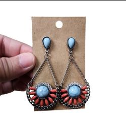 Silver Toned Turquoise Red Coral Bling Post Earrings