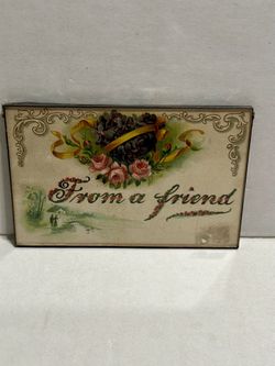 Vintage 1908 Post Card This is an antique, embossed "From a Friend" postcard, featuring a floral design with violets and roses. Incased inside a glass