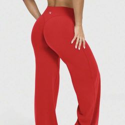 OQQ Yoga Pants Women High Waist Stretch Casual Soft Straight Leg Bottoms Red size S (extra Long length