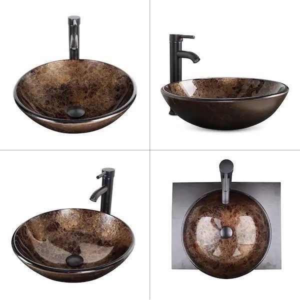 New Brown Glass Round Vessel Sink With Hand Painted Pattern