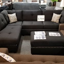 Brand New 104 x 75" Black Linen Reversible Sectional + Ottoman