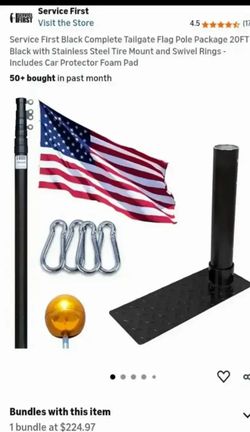 NEW-Service First Black Complete Tailgate Flag Pole Package 20FT Black with Stainless Steel Tire Mount and Swivel Rings - Includes Car Protector Foam