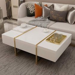 White solid Wood Coffee Table with Stainless Steel Base & Storage