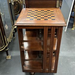 Antique Rotating Chess Board Game Bookcase on Wheels 