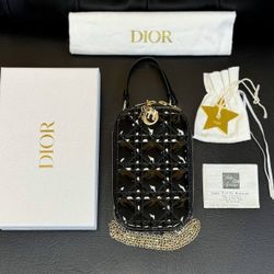Lady Dior Call'in Dior Phone Holder Crossbody Black Patent Cannage Calfskin phone case mini bag full set