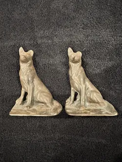 Vintage German Shepherd Dog Bookends Pair Seated Cast Metal Bronze Tone