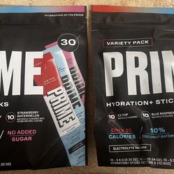 Two Variety Packs of (30) Prime Hydration Sticks, Unopened.  Best By 10/2025