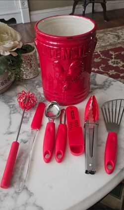 NEW Red Ceramic Rooster Utensil Holder Crock + 7 new Matching Plastic Kitchen Utensils.