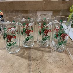 Vintage MCM Christmas Bell Holly Berry Glass  Tumbler 4 Piece Set Red Green