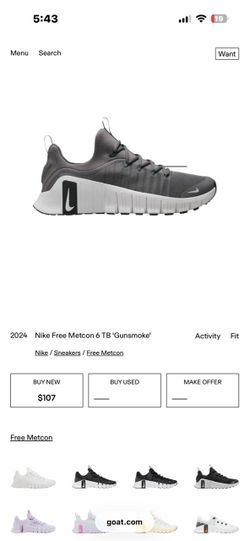 Nike Free Metcon 6 TB 'Gunsmoke' Sneakers size 11