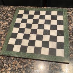 Vintage Marble Chess Board Black & White Green Border Felt Back 14” x 14”