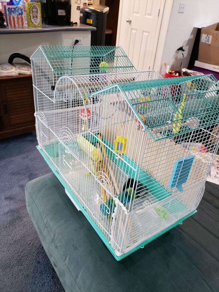 A bird cage and accessories