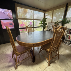 Vintage Mid Century Modern Bamboo Wicker Dining Room Table and four chairs