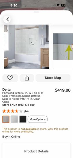 Shop Delta Portwood 52 to 60 in. W x 58 in. H Semi-Frameless Sliding Bathtub Door in Nickel with 1/4 in. Clear Glass