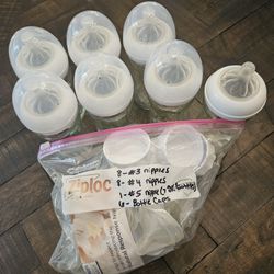 Philips Avent 8oz Glass bottles (7), size 3/4/5 nipples, and caps