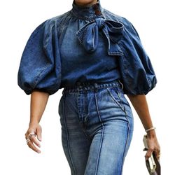 Denim Pullover Button Up High Neck Jacket