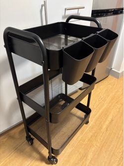 YASONIC 3-Tier Metal Rolling Cart with Cups & Hooks – Black – $18