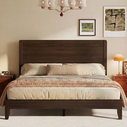 2506a $150 Queen Wood Bed Frame, Tall Headboard Queen Platform Bed Frame Solid Wood Slat Support, Noise-Free Mattress Foundation, No Box Spring Neede