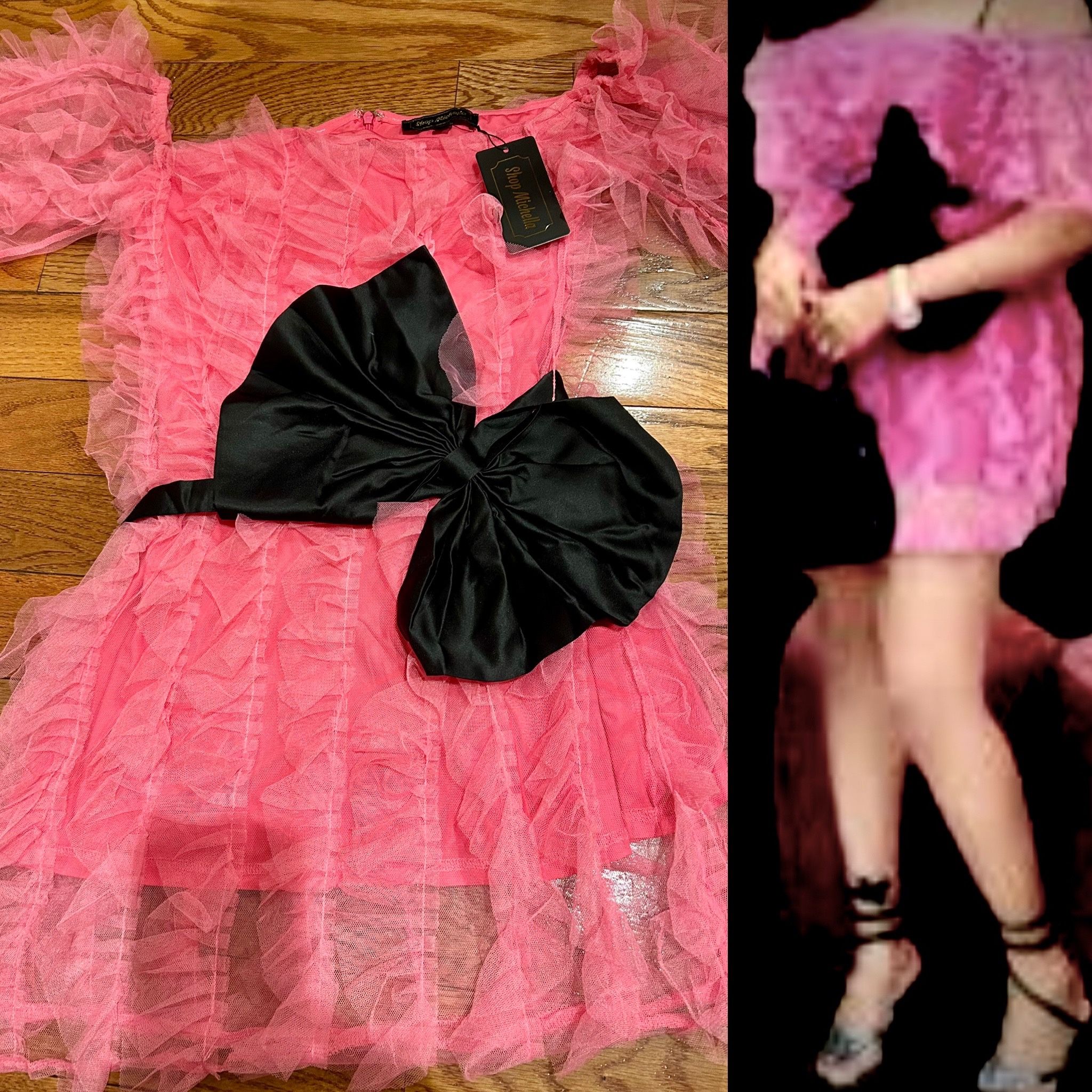 Michella vintage 1990s Barbiecore off the shoulder tulle pink/black bow dress M