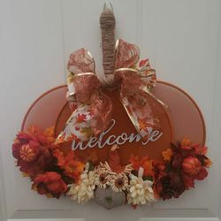 Fall Harvest Welcome Pumpkin Sign Wreath Handmade 
