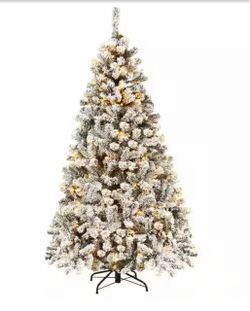 6 ft. Pre-Lit LED Flocked Snow Hinged Pine Artificial Christmas Tree with 250 White Lights