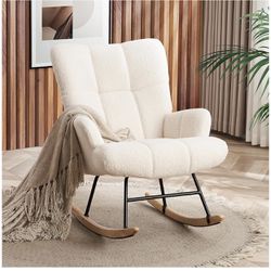 Nursery Rocking Chair, Teddy Fabric Upholstered Glider Rocker Rocking Accent Chair with High Backrest Accent Chairs Comfy Side Chair for Nursery, Bedr