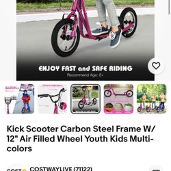 Kick Scooter Carbon Steel Frame W/ 12" Air Filled Wheel Youth Kids Multi-