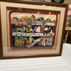 Peruvian Arpillera Folk Art Wall Tapestry Framed