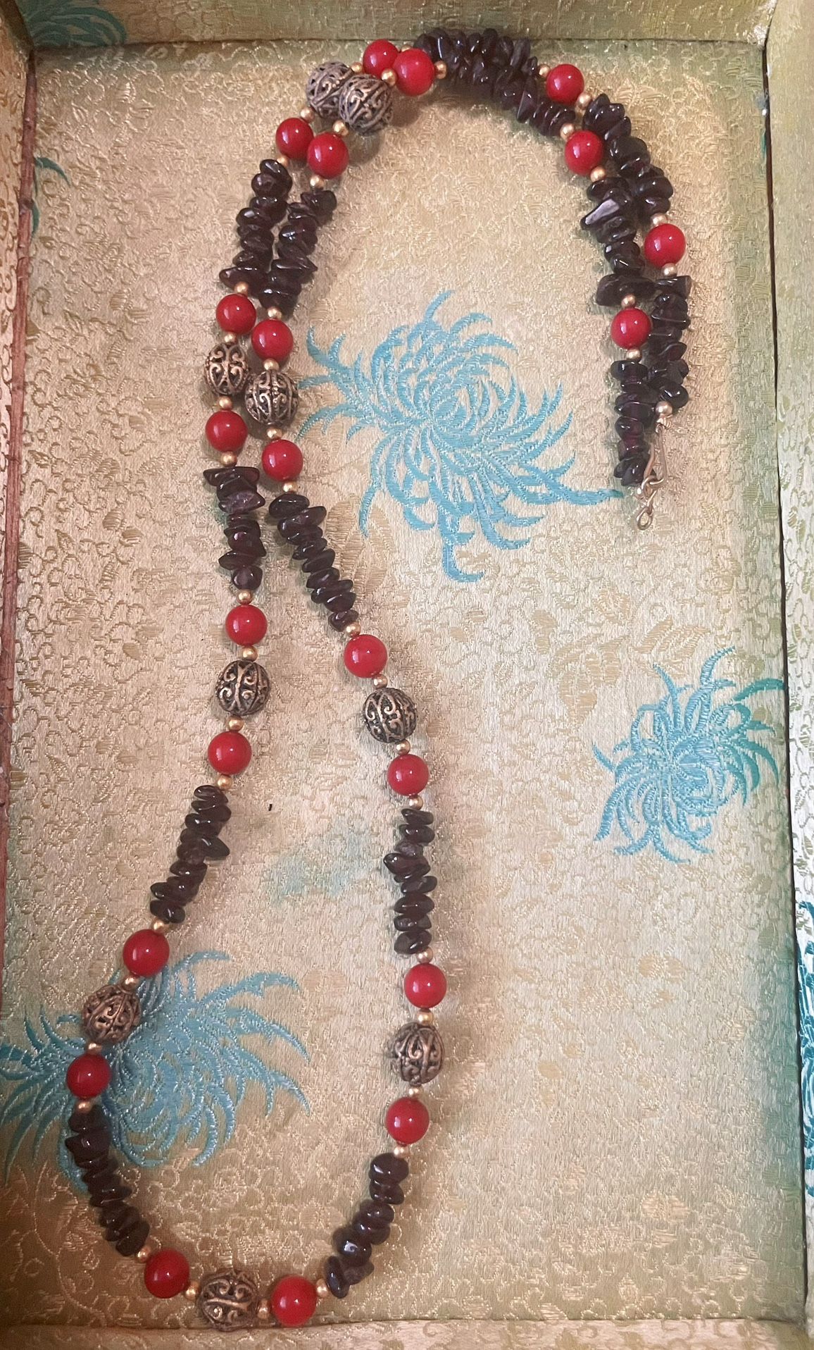 VintageMulti Gemstones Beads  Red Coral, Amethyst & Feligree Gold Beads Necklace