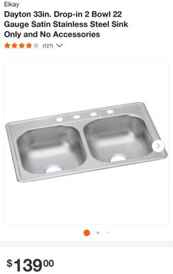 Dayton 33in. Drop-in 2 Bowl 22 Gauge Satin Stainless Steel Sink Only and No Accessories