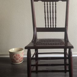 Antique Wood Chair with Weaved Leather Seat