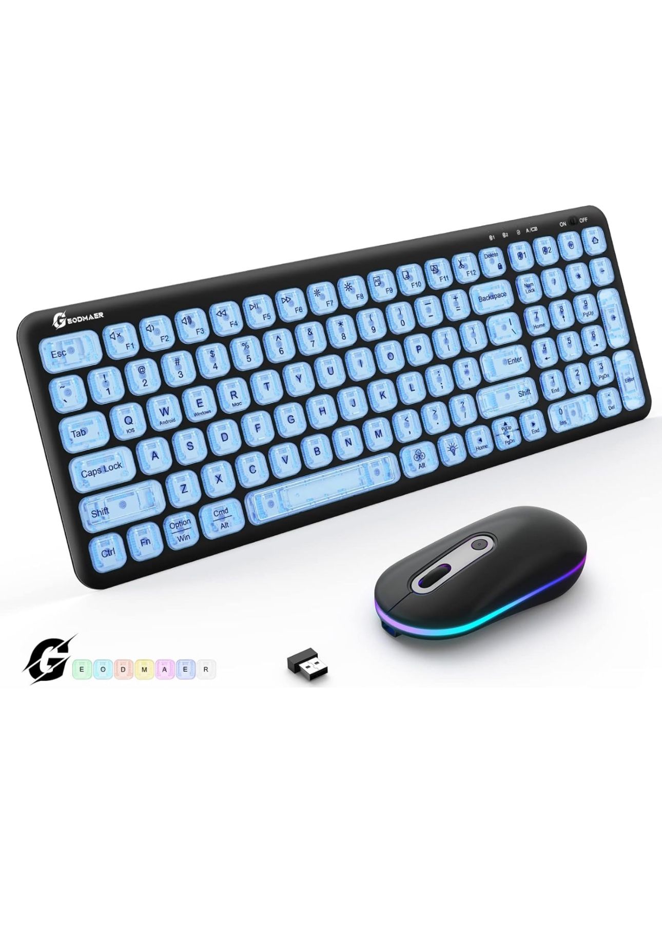 Wireless Keyboard and Mouse Combo with 7 Colors Backlits, Rechargeable 2.4G/Bluetooth Wireless Connection Transparent Keycaps Keyboard and Mouse