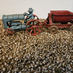 Antique Cast Iron Toy Tractor And Trailer 