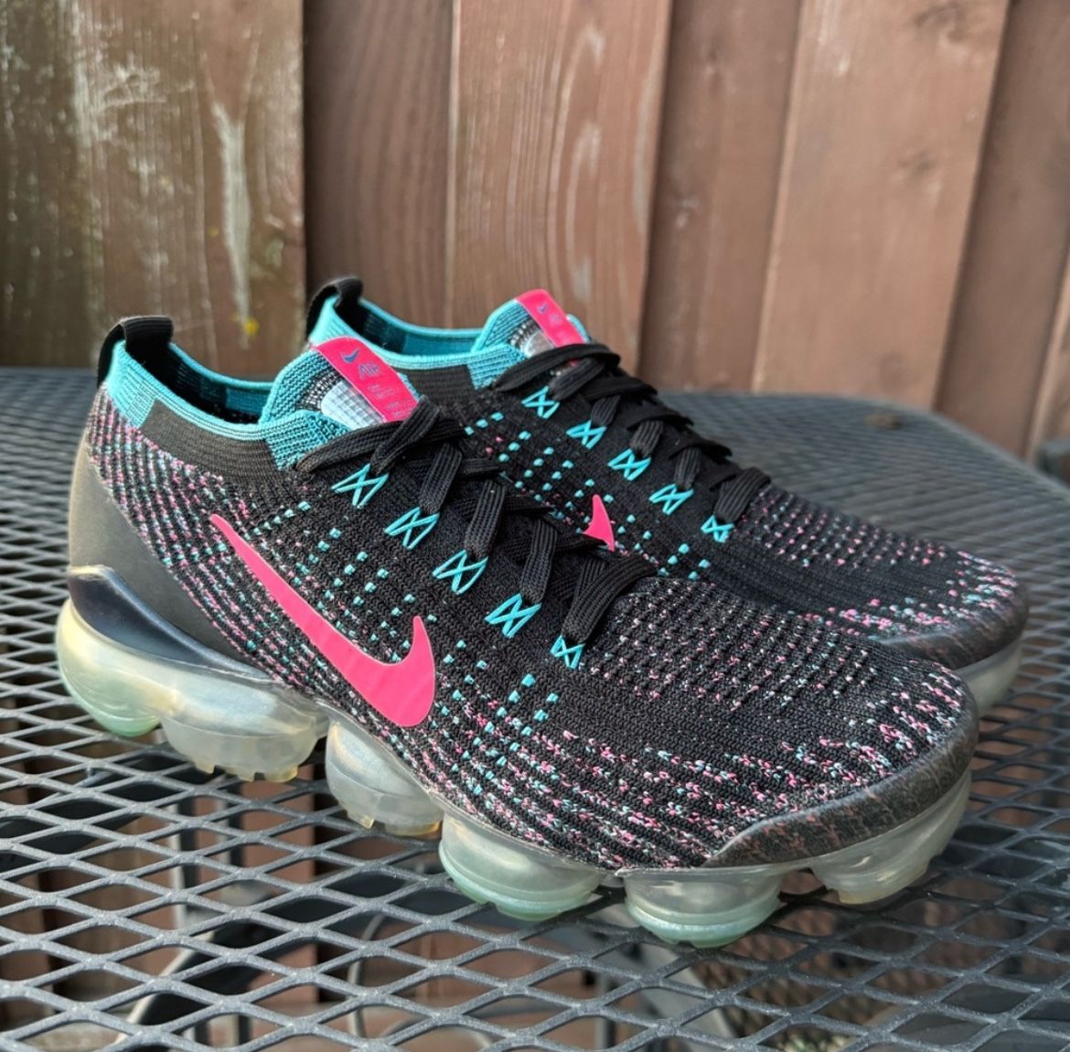 Nike Vapormax Black Pink and Aqua Flyknit women's shoes in size 9.