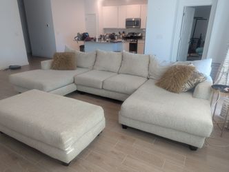 Large beige 3-Piece Sectional Sofa + Ottoman — Comfortable & Spacious