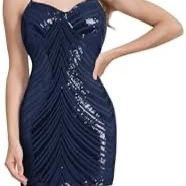 Women's short fitted dress with thin straps, V-neck, with shiny sequins and V-neck, for cocktail, party, disco, dance