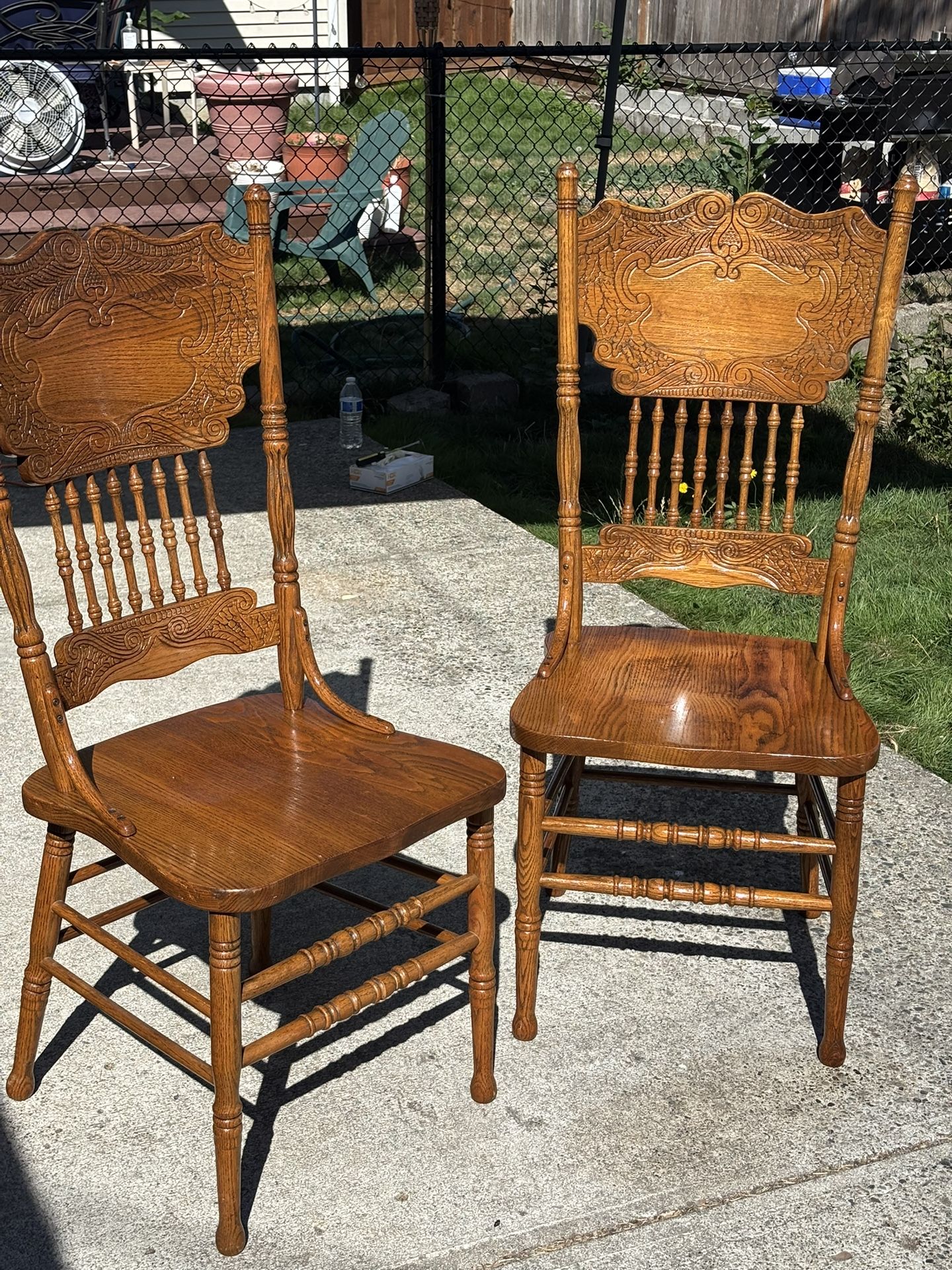 Vintage Country Style Pressed Back Solid Oak Dining Chairs - Set of 2