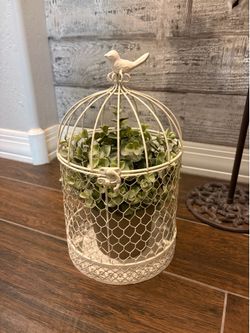 Farmhouse shabby chic birdcage with artificial plant