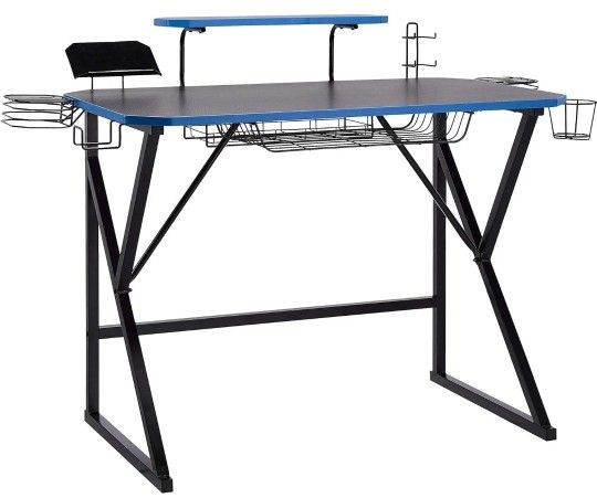 Black Blue Trim Gaming Computer Desk w Storage For Controller Headphone & Speaker