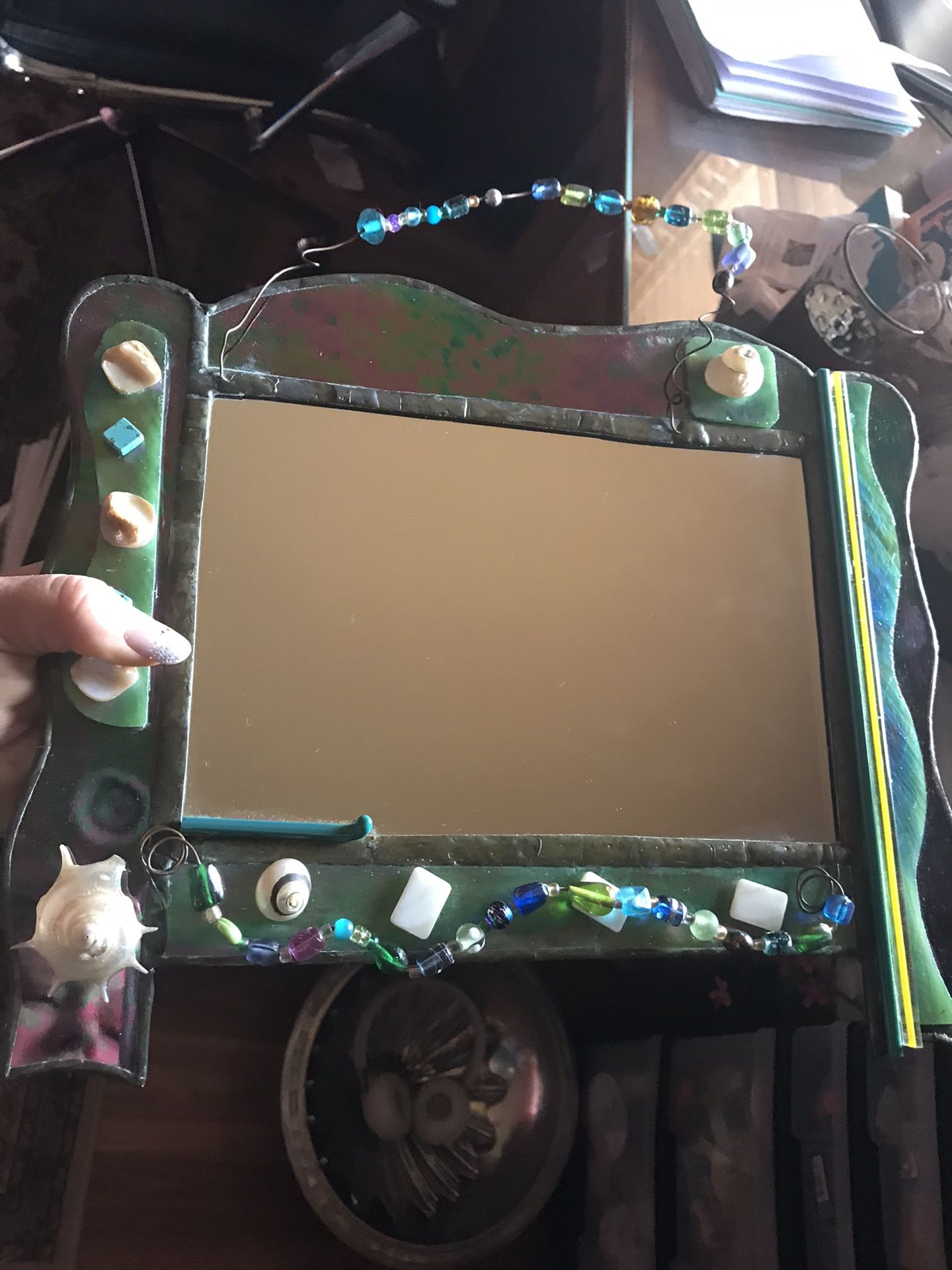 Hand Crafted Seashell & blown Glass Mirror with hand blown beads to hang