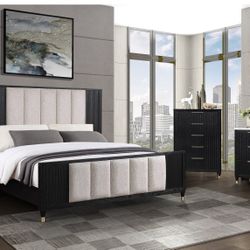 Brand New Black Marble Top Tufted 4pc Queen Size Bedroom Set 