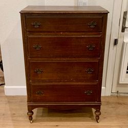 Antique 1930s-40s Chest of Drawers – Original Brass Casters, Solid Wood, Art Deco Era