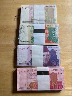 Brand new bank notes from Pakistan and in series. 10,20,50 and 100 Rupee bank notes