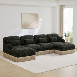 Target 131" Modular Leopard Print Chenille U-Shaped Sectional Sofa with 2 Ottomans and Fringe Trim, Khaki