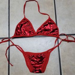 Ladies' Metallic Red Triangle Bikini Swimsuit, New, Size P/S