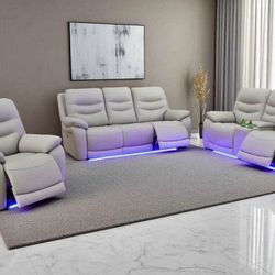 Power Electric Gray Leather Fully Reclining Three Piece Couch Set
