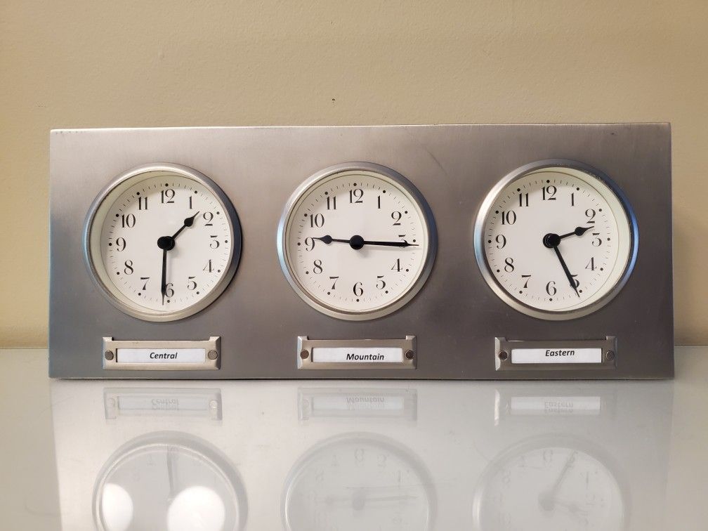 Pottery Barn Around The World 3 Time Zones Brushed Nickel Clock