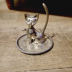 Vintage Silver Plate Metal Cat Jewelry Ring Holder Hong Kong MCM