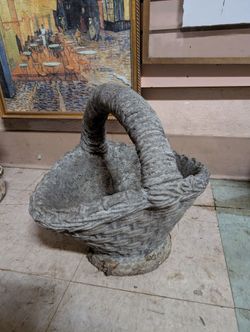 Rustic Stone Basket Planter Garden Decor With Curved Handle